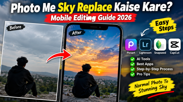 Photo Me Sky Replace Kaise Kare? Mobile editing guide 2026 with before and after sky replacement example.