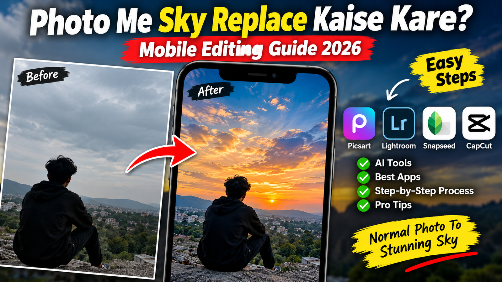 Photo Me Sky Replace Kaise Kare? Mobile editing guide 2026 with before and after sky replacement example.